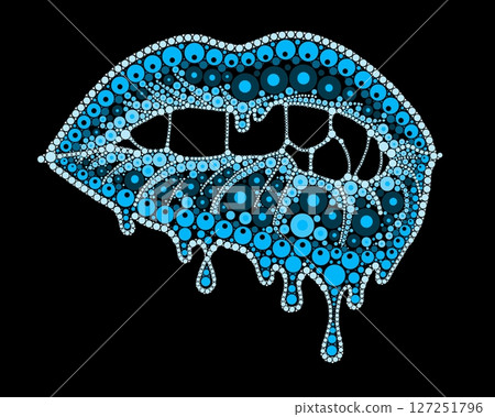 A drawing of lips with colored lipstick made of dots. Mandala-style dripping lipstick. A drawing of lips with colored lipstick made of dots. Mandala-style dripping lipstick. 127251796