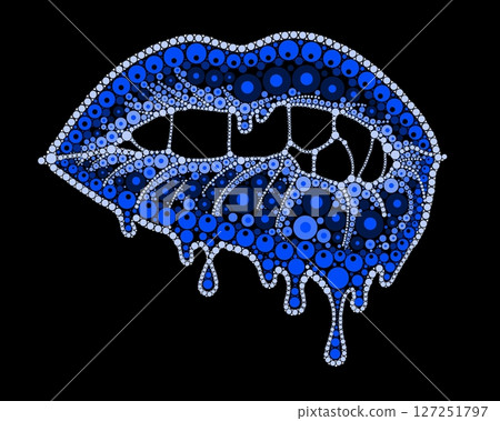 A drawing of lips with colored lipstick made of dots. Mandala-style dripping lipstick. A drawing of lips with colored lipstick made of dots. Mandala-style dripping lipstick. 127251797