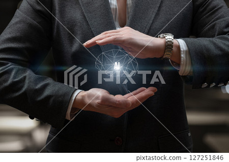 Man demonstrating artificial intelligence concept. Man demonstrating artificial intelligence concept. 127251846