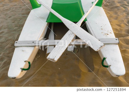 Background of water paddle boat and paddles Background of water paddle boat and paddles 127251894