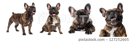 Set of French Bulldogs, brindle color in various postures, stand, sit, lay down and sleep isolated on a transparent background. 127252605