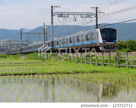 Odakyu 5000 series 2nd generation train running through rice paddy area Odakyu 5000 series 2nd generation train running through rice paddy area 127252712