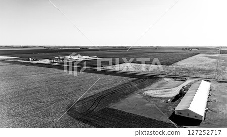 Aerial view above a confined animal operation hog building 127252717