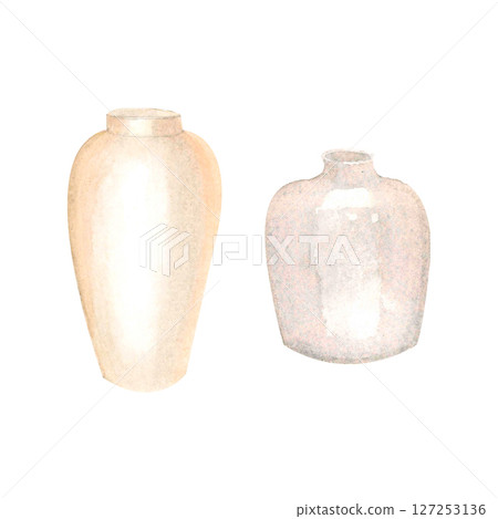 Handmade watercolor illustration of transparent vases.Minimalistic white glass vases Handmade watercolor illustration of transparent vases.Minimalistic white glass vases 127253136