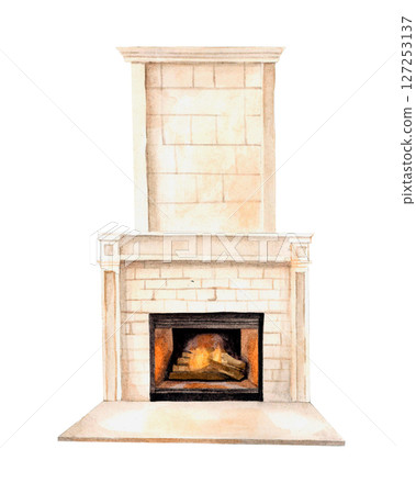 Watercolor illustration hand painted fireplace. White cozy minimalist fireplace without decorations 127253137