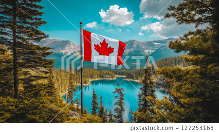Waving Canadian flag against scenic lake and mountain backdrop on independence and flag day 127253163