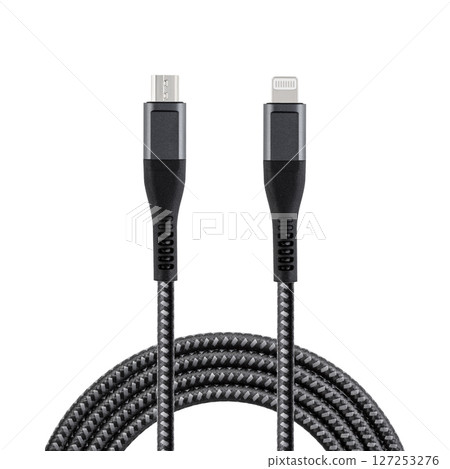 Black cable for charging and synchronization with Lightning and Micro USB connectors on a white isolated background Black cable for charging and synchronization with Lightning and Micro USB connectors on a white isolated background 127253276