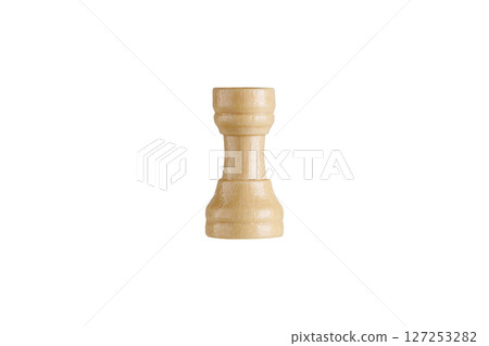 wooden black rook chess piece on white backdrop. Perfect for chess themes and educational use. 127253282