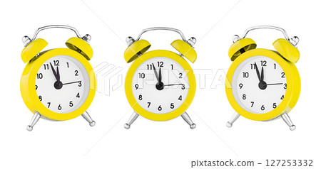 classic watch, pointer clock, Yellow color alarm watch on isolated white background classic watch, pointer clock, Yellow color alarm watch on isolated white background 127253332