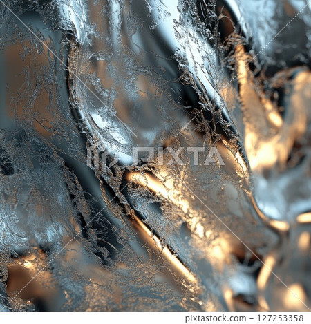 The artwork showcases a dynamic interplay of metallic hues, with shimmering surfaces and intricate patterns intertwining, emphasizing creativity and innovation in design. 127253358