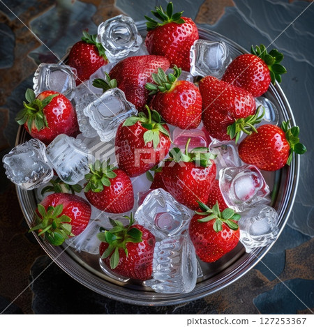 Juicy red strawberries are arranged beautifully with ice cubes in a silver bowl, perfect for a refreshing treat on a hot day. Ideal for summer parties or casual outdoor gatherings. 127253367