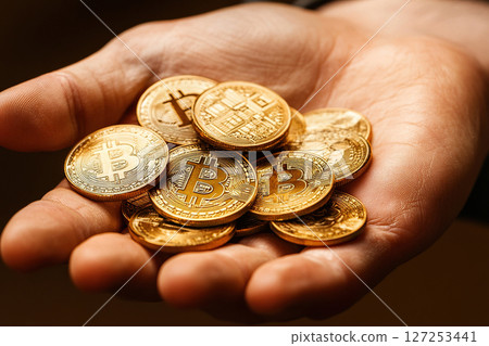 A man's palm full of gold bitcoin coins. Bitcoin cryptocurrency. 127253441