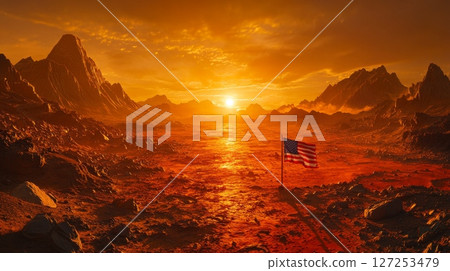 Colorful sunset illuminates the landscape as a flag is planted firmly on an alien terrain, showcasing an exploration milestone in a distant world Colorful sunset illuminates the landscape as a flag is planted firmly on an alien terrain, showcasing an exploration milestone in a distant world 127253479