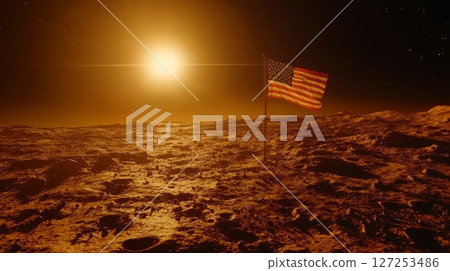 Flag planted on a distant planet under a golden sun during a pioneering space exploration mission, symbolizing human achievement in reaching new frontiers beyond Earth 127253486