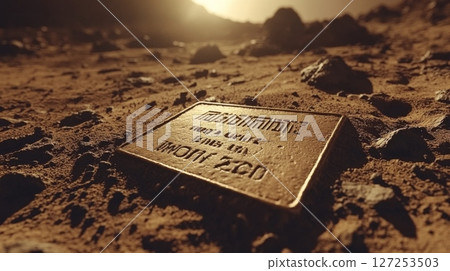 Mysterious metallic plate discovered on Martian surface revealing intricate markings, enigmatic symbols, and unknown origin, posing questions about possible ancient cultures or artifacts on Mars 127253503