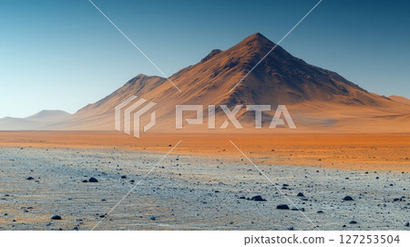 Vast alien landscape featuring reddish mountains under a clear blue sky with distant peaks and arid terrain, highlighting otherworldly scenery and unique geological formations 127253504