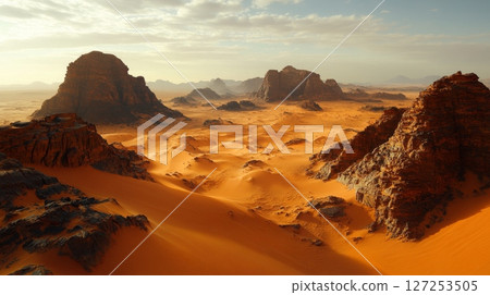 Vast orange terrain features formidable rock formations and rolling dunes beneath a dramatic sky on an alien world during the golden hour, hinting at the beauty of extraterrestrial landscapes 127253505