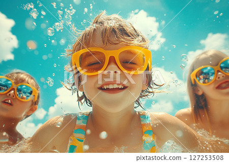 Children in sunglasses and splashes of water smile on a hot summer day. Summer vacation 127253508