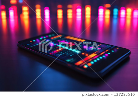 Smartphone screen with neon sound streams in the form of bars and graphs. 127253510