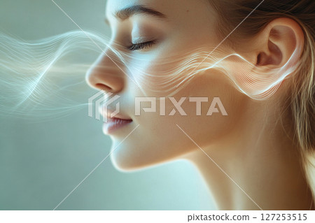 Young woman and transparent sound waves directed at her face and ear. Concept of sound and hearing. Generated by artificial intelligence 127253515