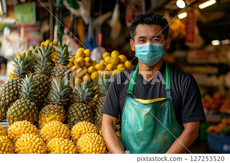Asian fruit seller at market wearing medical mask. An Asian man sells fruits. Generated by artificial intelligence 127253520