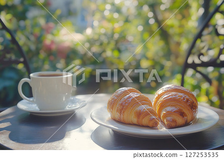 A cup of black coffee and two croissants on a table in a street cafe. Blurred background. Generated by artificial intelligence A cup of black coffee and two croissants on a table in a street cafe. Blurred background. Generated by artificial intelligence 127253535