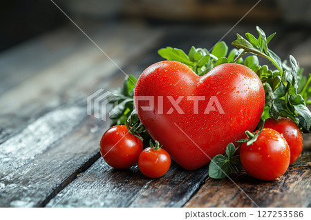 A large red heart-shaped tomato with water drops lies on a wooden table surrounded by cherry tomatoes. Generated by artificial intelligence 127253586