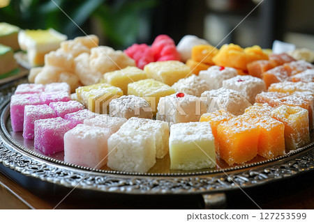 Close-up of a large metal tray with Turkish delight. Generated by artificial intelligence 127253599