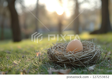 Chicken egg in a nest. The nest with the egg lies on the grass in the park. Generated by artificial intelligence Chicken egg in a nest. The nest with the egg lies on the grass in the park. Generated by artificial intelligence 127253652