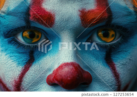 Close-up portrait of a scary clown. Circus Day, April Fools' Day, Halloween. Generated by artificial intelligence 127253654