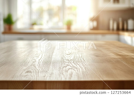 Empty wooden countertop in focus against blurred kitchen with light interior. Generated by artificial intelligence 127253664