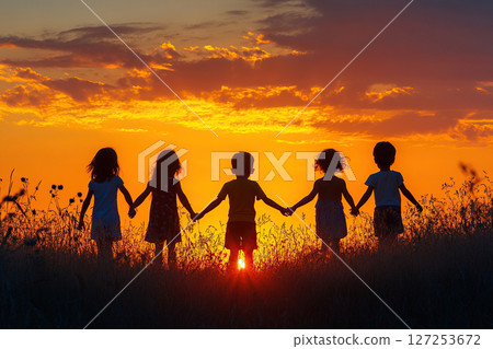 Silhouettes of children holding hands while standing in the grass at sunset. Generated by artificial intelligence Silhouettes of children holding hands while standing in the grass at sunset. Generated by artificial intelligence 127253672