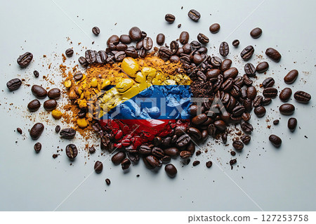 White background with colombia flag on coffee beans. Coffee business concept. Generated by artificial intelligence 127253758