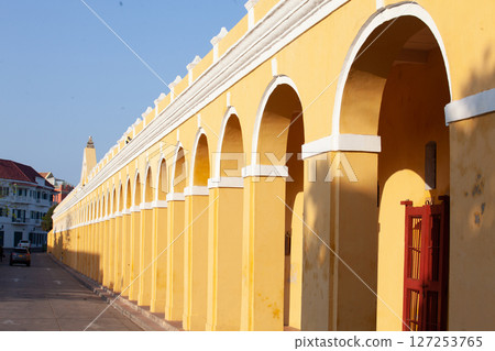 Colonial building of Las Bovedas in the walled city of Cartagena de Indias, Colombia 127253765