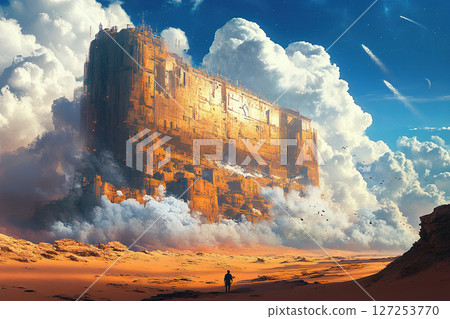 An image of a dystopian landscape with a space station in the middle of a yellow post-apocalyptic desert in a cyberpunk style. 127253770