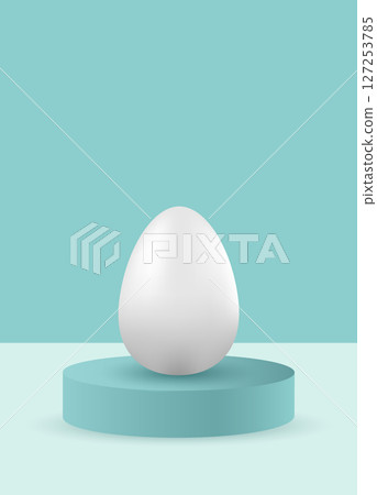 One 3D white Easter egg on a round podium on a neutral blue background. Minimalism and simplicity of aesthetics. Easter egg mockup. Vector One 3D white Easter egg on a round podium on a neutral blue background. Minimalism and simplicity of aesthetics. Easter egg mockup. Vector 127253785