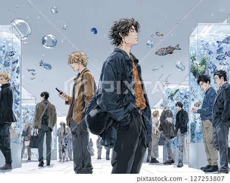 年輕人觀看NFT藝術展插圖素材 年輕人觀看NFT藝術展插圖素材 127253807