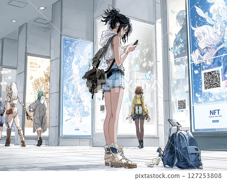 Illustration material of young people viewing the NFT art exhibition 127253808