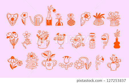 Cute hand drawn flowers, plant pots, houseplants and vases doodles set Cute hand drawn flowers, plant pots, houseplants and vases doodles set 127253837