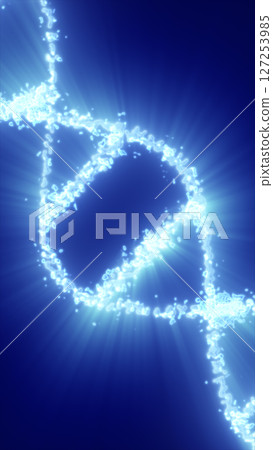Glowing DNA helix formed by electric particles and radiant blue energy on a dark blue background 127253985
