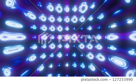 Vibrant array of glowing blue and purple neon rings extending in a digital grid with surreal light distortions and reflections Vibrant array of glowing blue and purple neon rings extending in a digital grid with surreal light distortions and reflections 127253990
