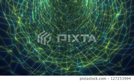 Digital green mesh tunnel on brown background, forming a fluid web of luminous geometric lines 127253994