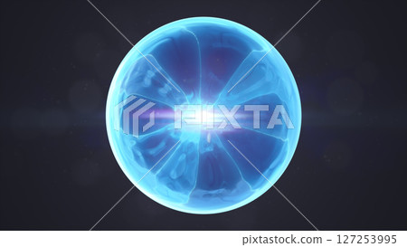Smooth blue energy orb glowing with central light, surrounded by abstract translucent plasma 127253995