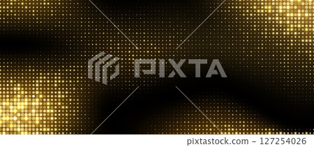 Golden halftone background, abstract glittering dots backdrop, disco texture design, shiny confetti banner. 127254026