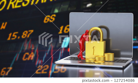 The Lock and coins on Laptop for Security concept 3d Rendering. The Lock and coins on Laptop for Security concept 3d Rendering. 127254086