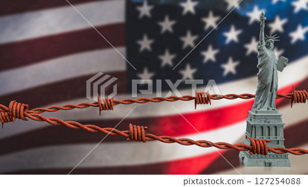 The Statue of liberty and barbed wire on America flag 3d Rendering. 127254088