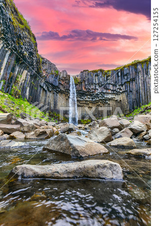 Impressive view of Svartifoss waterfall with basalt columns on southern part of Iceland. 127254155