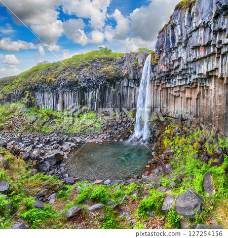 Ramarkable view of Svartifoss waterfall with basalt columns on southern part of Iceland. Ramarkable view of Svartifoss waterfall with basalt columns on southern part of Iceland. 127254156