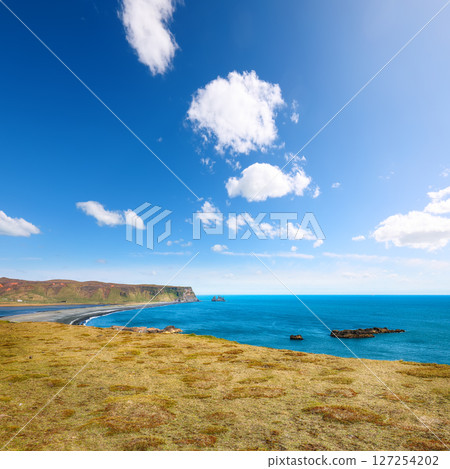 Impressive View of Kirkjufjara black sand beach from Dyrholaey promontory on Atlantic South Coast Impressive View of Kirkjufjara black sand beach from Dyrholaey promontory on Atlantic South Coast 127254202