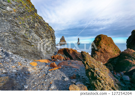 Impressive landscape with basalt rock formations Troll Toes on Black beach Reynisfjara near the village of Vik. 127254204